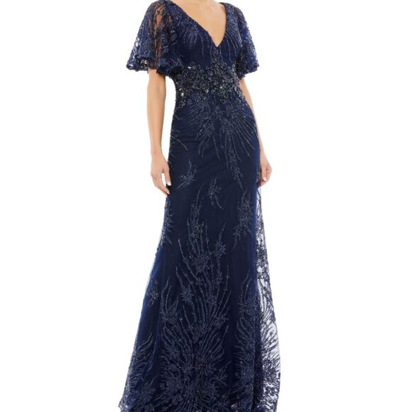 NWT $798 Mac Duggal Flutter Embellished Lace‎ Gown Midnight Blue SZ 6 67493 - Picture 1 of 11